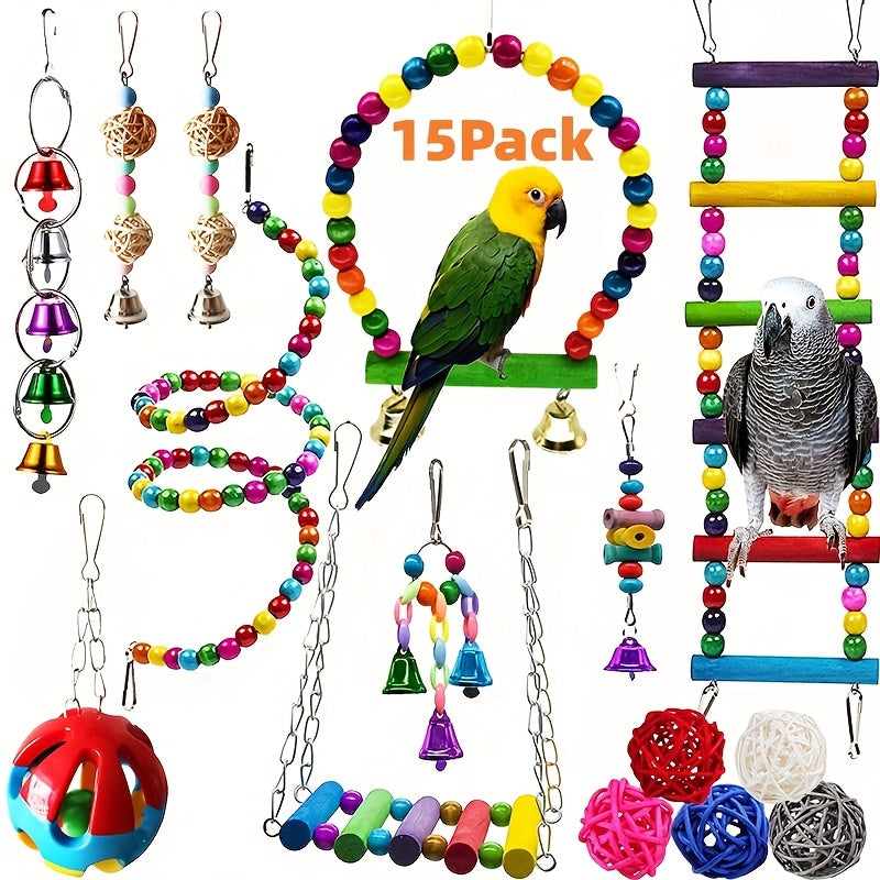 15pcs Bird Chewing Hanging Toys Set, Multicolored Bird Toys With Swing, Perching Stand, Parrot Toys, Hanging Bell Pet Bird Cage Hammock, Swing Toy, Wooden Perch Chewing Toy (Random Color)