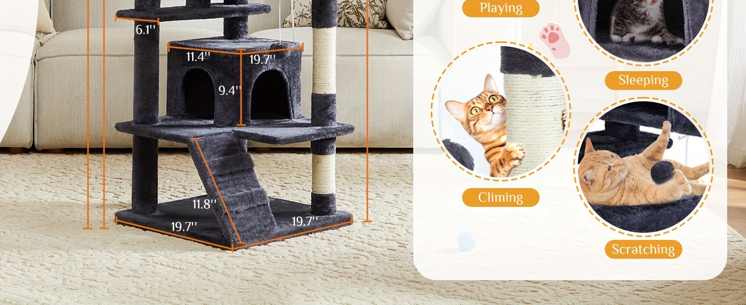 Cat Tree Tower For Indoor Cats, 54in Tall Multi-Level Pet Furniture, Stable Kitty Play House With Sisal Scratching Post, Large Condo, Climbing Ladder, Plush Toy For Kitten