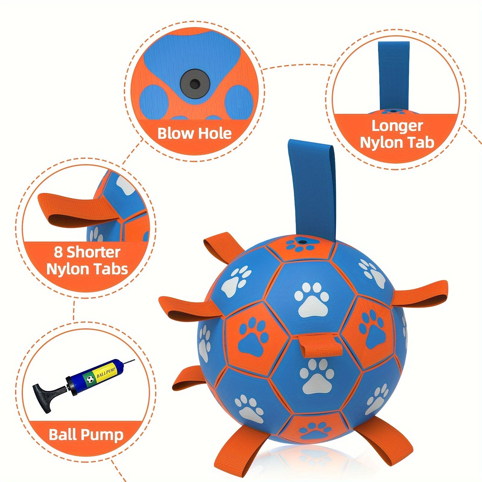 Interactive Dog Toy Ball - Durable Soccer Ball Design with Strong Webbing, Easy-to-Inflate, Encourages Active Play, Chase, and Tug of War - Essential Pet Toy Supplies, Vibrant Orange and Blue, Includes Convenient Inflater