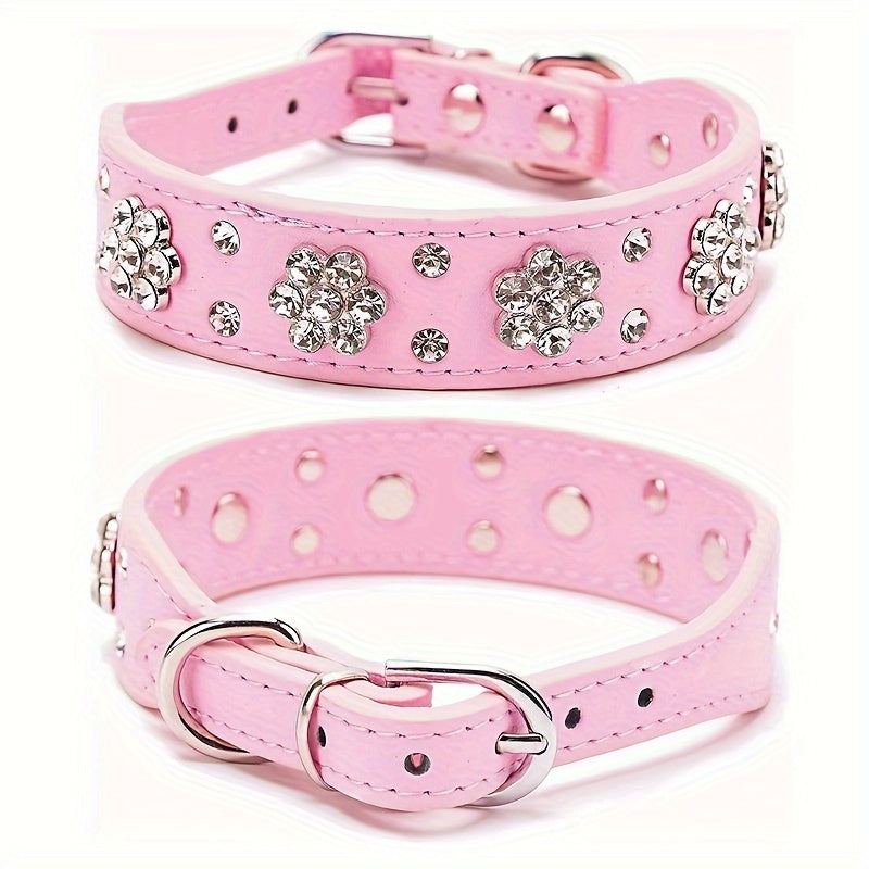 Adjustable Bling Dog Collar with Flower Rhinestones, Hand Wash Only, for Small to Large Pets, Cute Sparkling Pet Collar