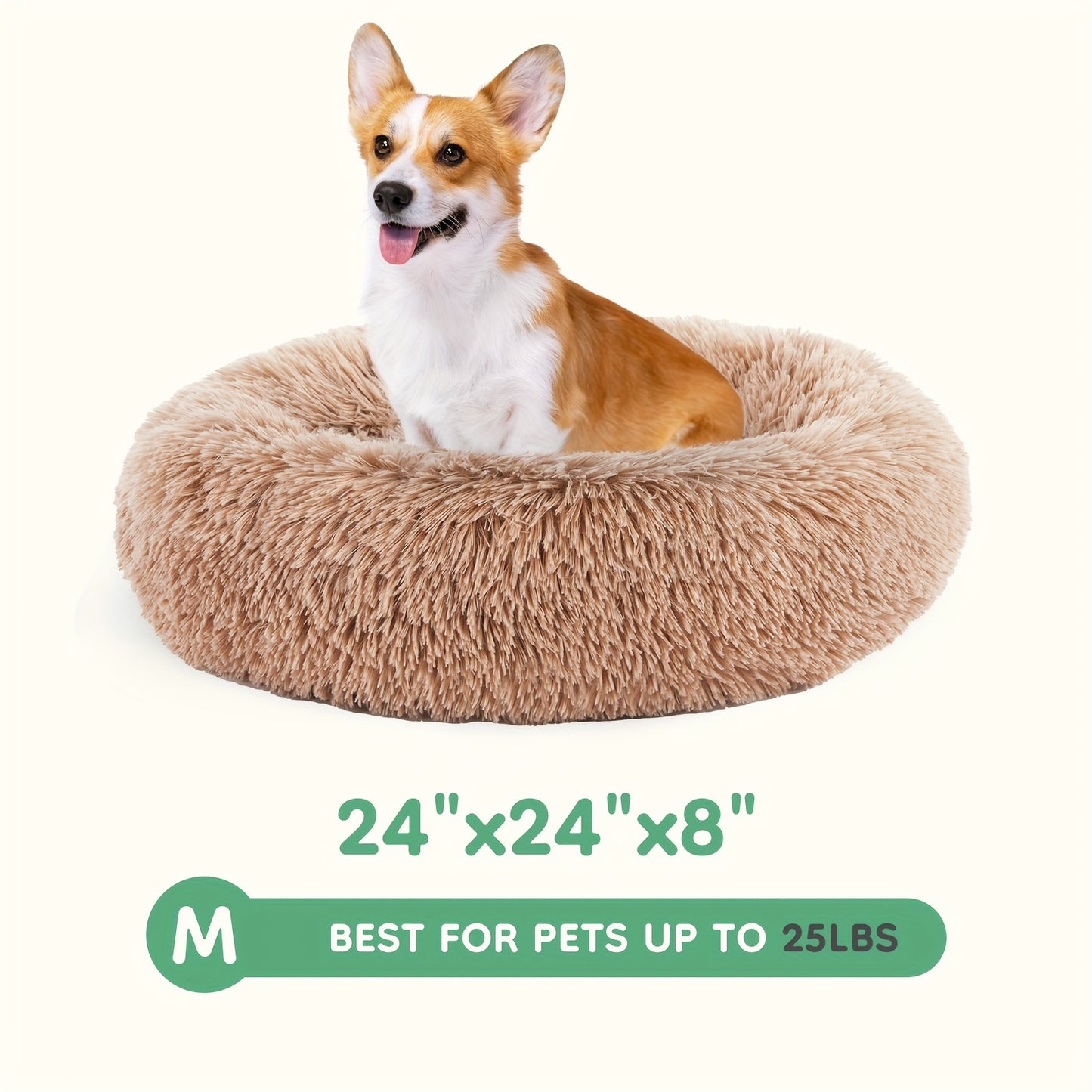 Fluffy Plush Calming Pet Bed For Dogs And Cats - Washable Anti-Slip Round Bed For Pets - Brown Color