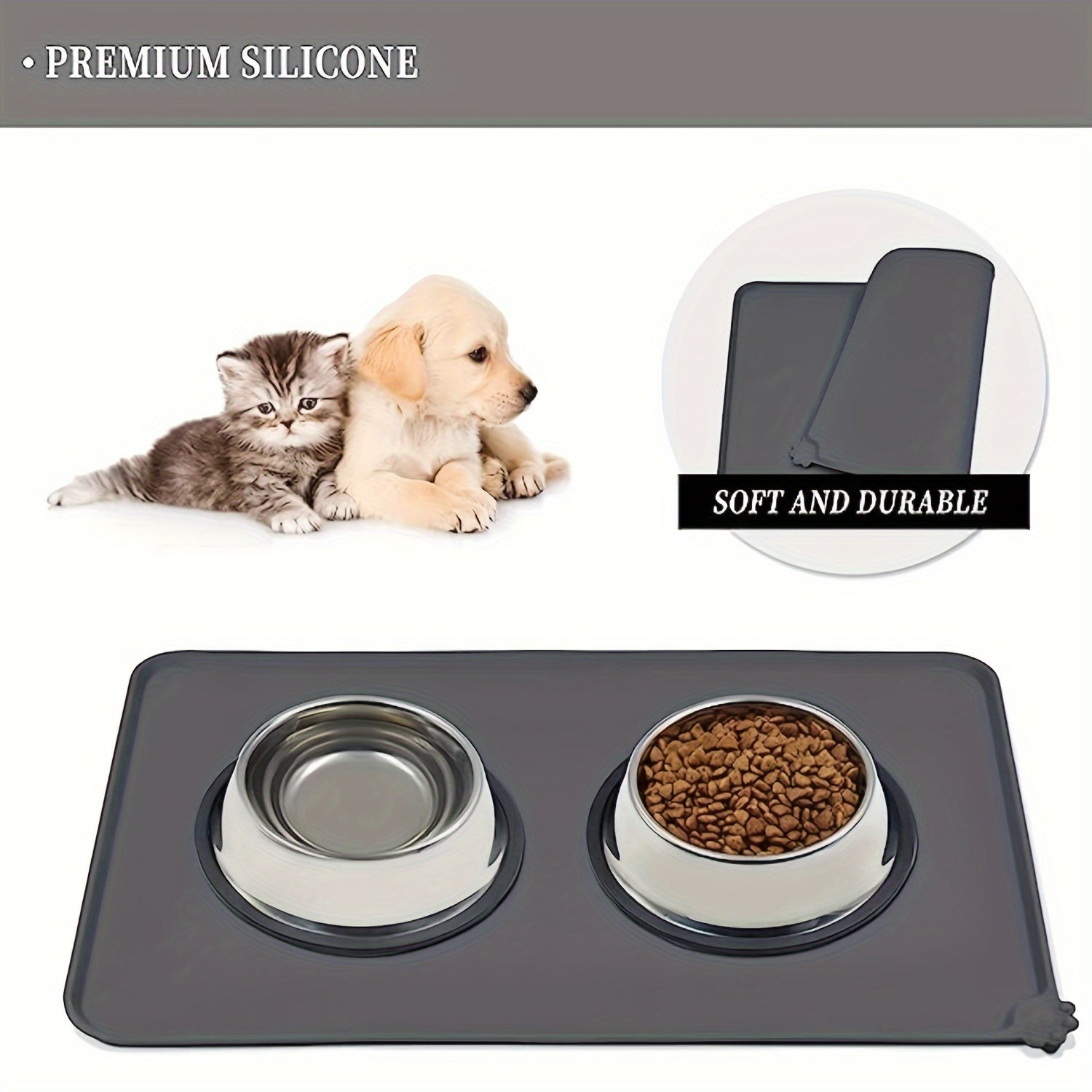 Waterproof Silicone Dog Bowl Mat, Non-Slip Leak Proof Pet Feeding Placemat With Raised Edges For Easy Clean Up