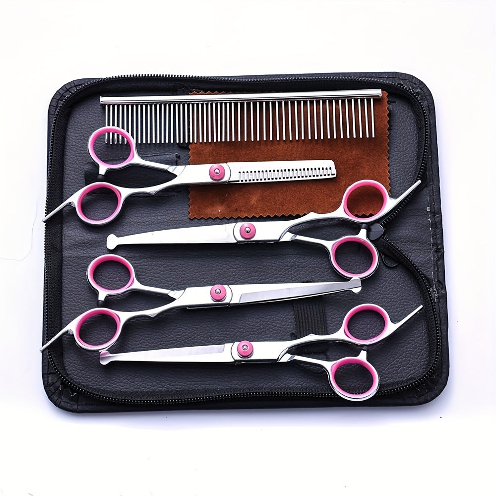 7 piece professional pet grooming scissors set, stainless steel dog and cat hair thinning scissors, with downward curved, straight, upward curved scissors and comb