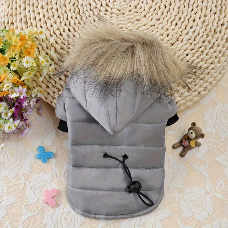 Fashionable Dog Coat with Rabbit Fur Lining, Non-Waterproof Polyester Pet Jacket, with Detachable Fur Trim, Adjustable Waist, for Small and Toy Breeds, Ideal for Yorkie, Maltese, Bichon, Pomeranian, Chihuahua, Fall/Winter Pet