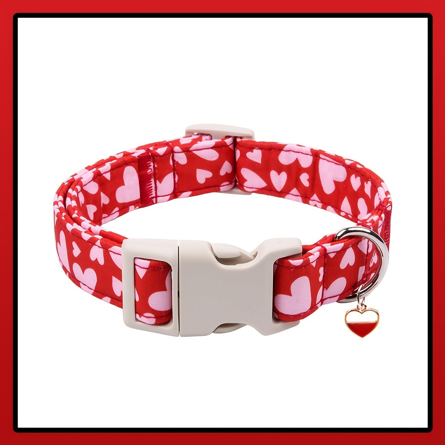 Red and Pink Heart Pattern Dog Collar - Quick Release Safety Buckle, Metal Heart Pendant, for Small Pets, Dog Leash, Cute