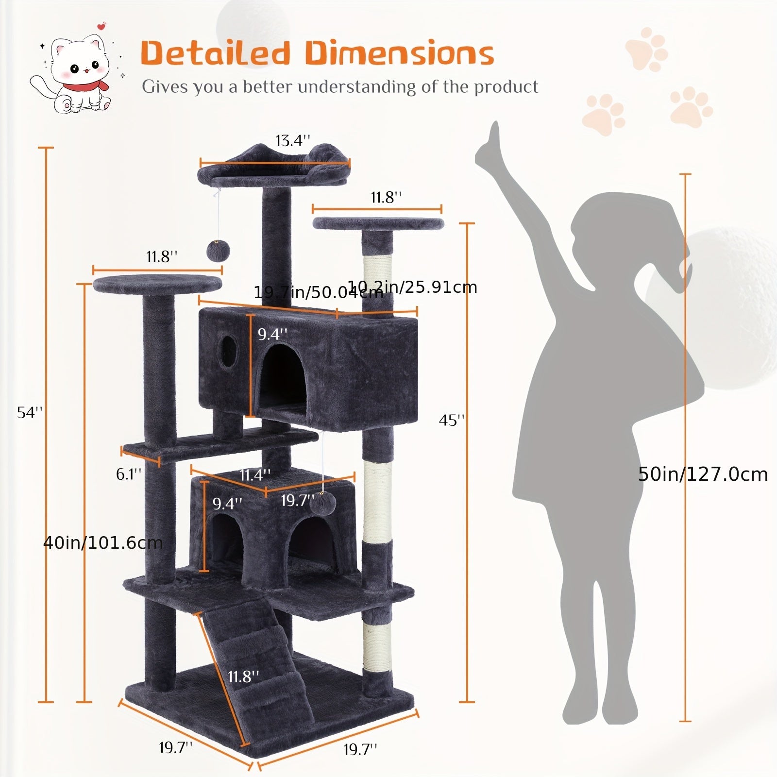 Sweetcrispy Cat Tree, Indoor Cats Tower Tree, 54in Cat Tree Tower, Multi-Level Pet Furniture With Sisal Scratching Post, Plush Fabric, Large Condo Bed, Climing Ladder, Jingle Ball Toy For Kitty, Kittens - For Cats & Kittens -