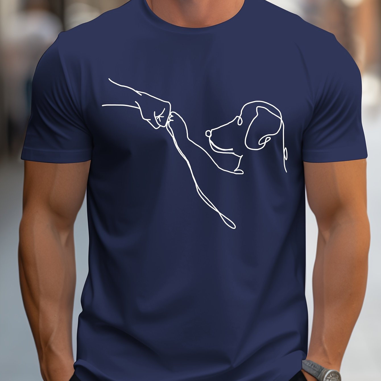 Men's Line Art Dog Print T-Shirt: Poop Scooper Exclusive! Super Cute Hand-Drawn Puppy Sketch, Minimalist Pet Interaction Design – Adorable Paw Print & Leash Graphic Tee