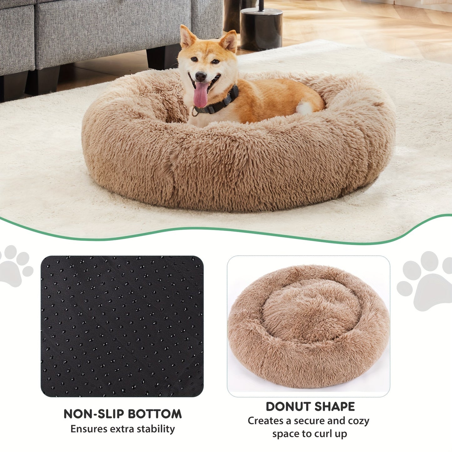 Fluffy Plush Calming Pet Bed For Dogs And Cats - Washable Anti-Slip Round Bed For Pets - Brown Color