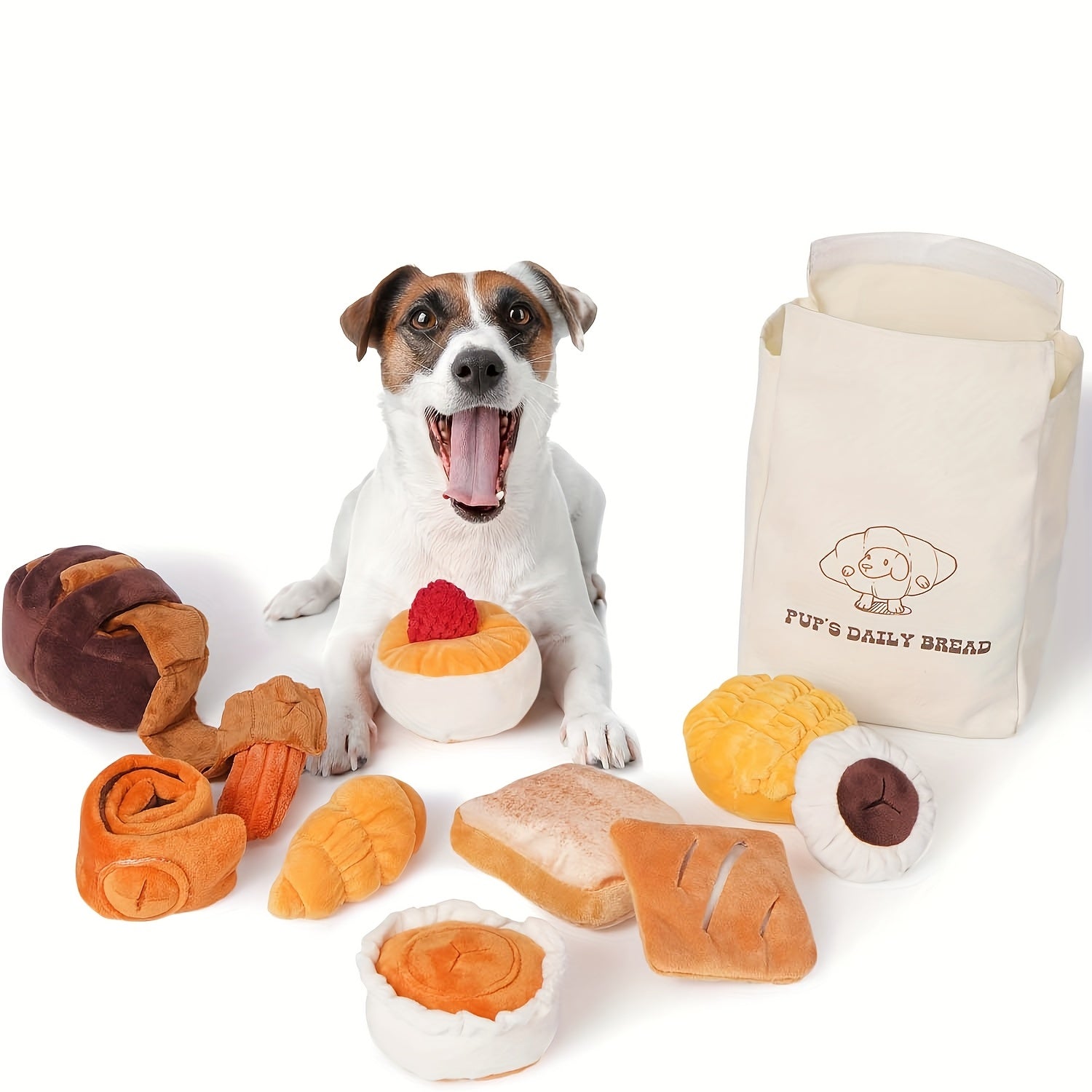 10 Pack Nocciola Bread Dog Toys with Storage Bag - Crinkle Squeaky Plush Chew Toys for Small & Medium Dogs, Durable Puppy Toys with Treat Hiding Pockets, Assorted Bread-Shaped Interactive Dog Accessories, Pet Playtime Accesso