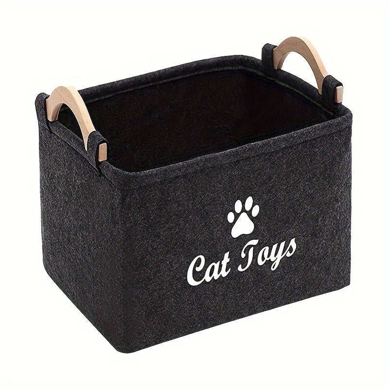Foldable Pet Toy Storage Basket for Dogs & Cats - Durable Polyester with Paw Print Design, Wooden Handles, Ideal for Organizing Pet Playthings, Dog Toy Storage Basket