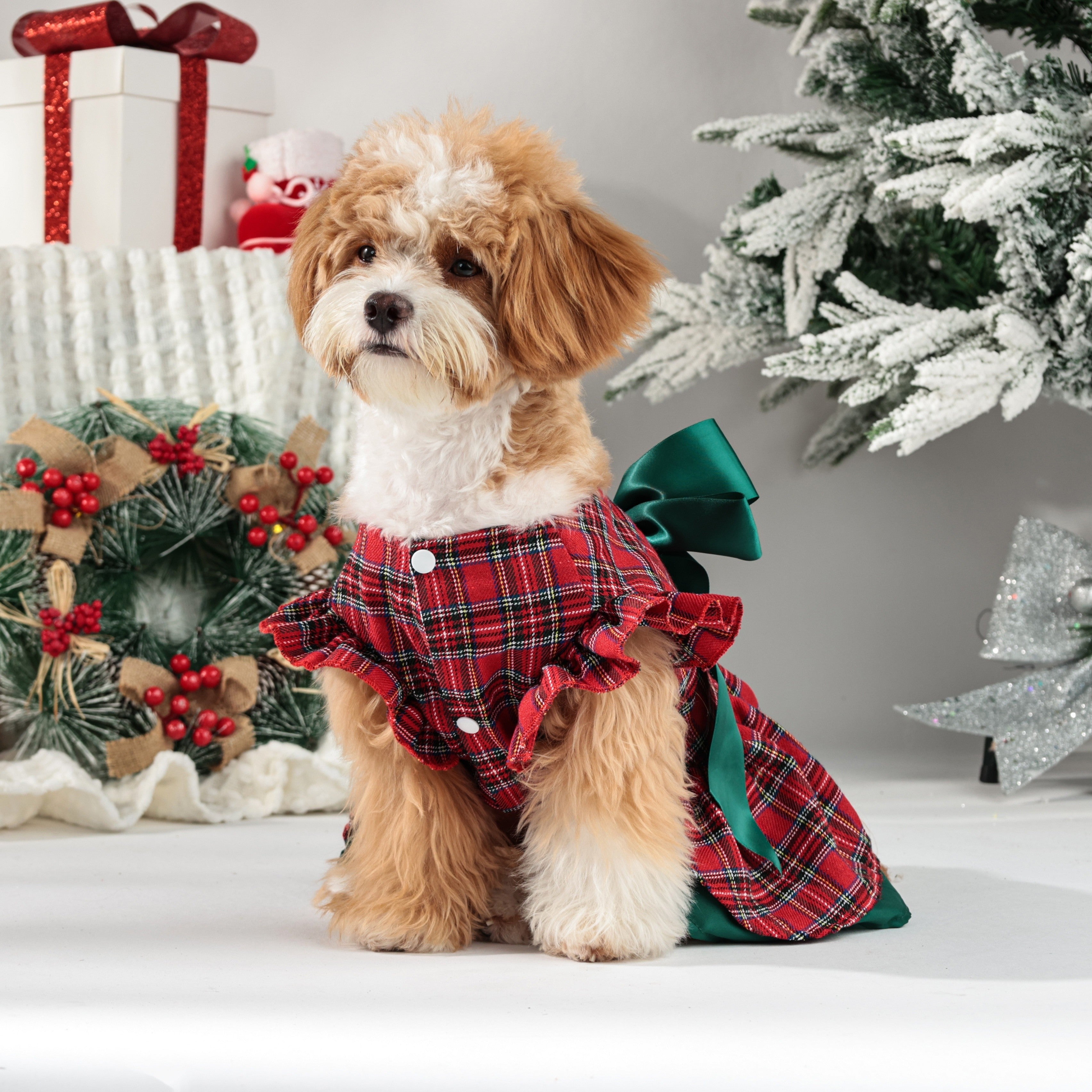 Winter & Autumn Tartan Dog Dress with Snap Buttons – 100% Polyester Woven Plaid Puppy Dress, Small Breed Christmas Party Outfit with Festive Bow Detail, Warm Pet Apparel for Seasonal Celebrations