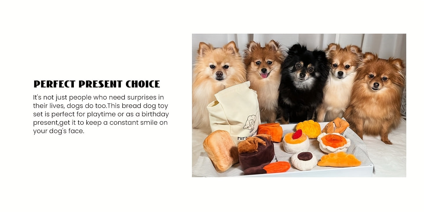 10 Pack Nocciola Bread Dog Toys with Storage Bag - Crinkle Squeaky Plush Chew Toys for Small & Medium Dogs, Durable Puppy Toys with Treat Hiding Pockets, Assorted Bread-Shaped Interactive Dog Accessories, Pet Playtime Accesso