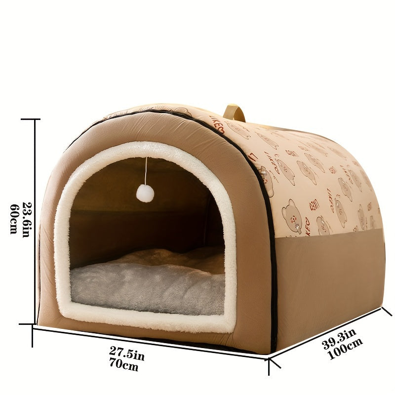EnigmaTails Cartoon Pattern Dog House, Winter Warm Polyester Pet Bed with Memory Foam, Detachable and Washable, Suitable for Extra Small to Large Dogs, Brown