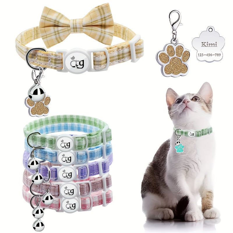 Personalized Custom Metal Paw Tag Pet Collar with Safe Buckle, Bow Tie, Nylon Material, Fresh Plaid Pattern, and Bell - Ideal for Cats and Small Dogs