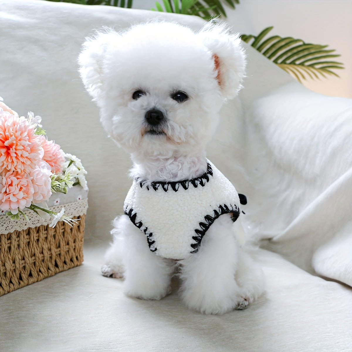 Polyester Knit Small Dog Vest Sweater Coat - Bow Detail, Press Stud Closure - Pet Apparel for Bichon Frise, Pomeranian, Schnauzer, Teddy Breeds - Winter and Fall Clothing