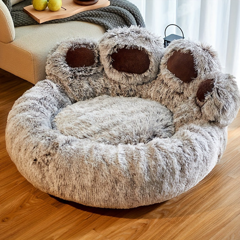 1pc Soft Plush Polyester Bear Paw Shaped Pet Bed, Calming Donut Dog Cat Cuddler Lounger, Warm Comfortable Round Pet Mat, Assembly Not Required for Cats and Small Dogs