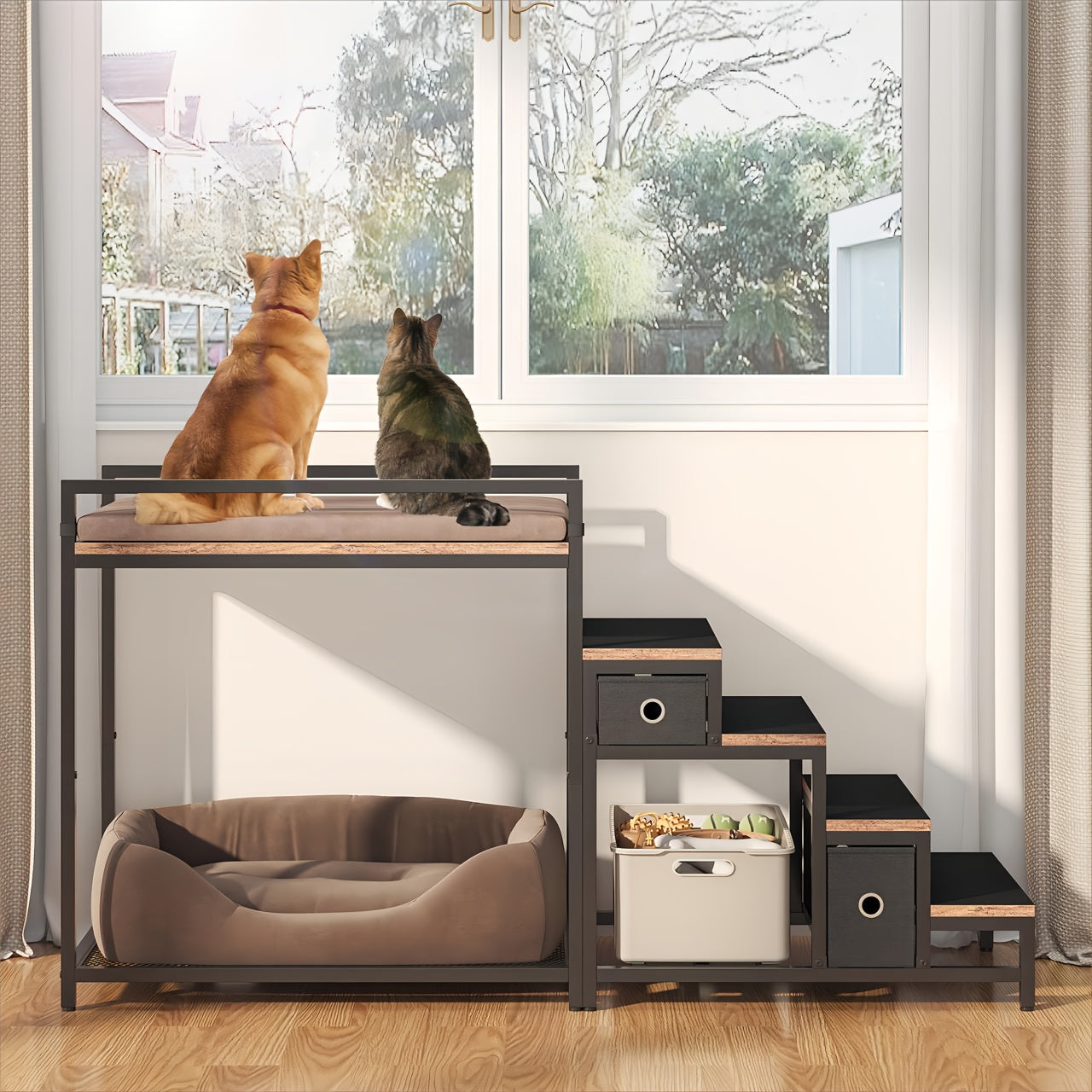 SAUDISM Multi-Level Pet Bunk Bed with Removable Step for Dogs & Cats - Durable Wooden Frame, Cushioned Perch & Window Seat, Indoor Use, Easy Assembly, Black, Perfect for Small to Medium Dogs, Cozy Home Decor, Pet Furniture, M