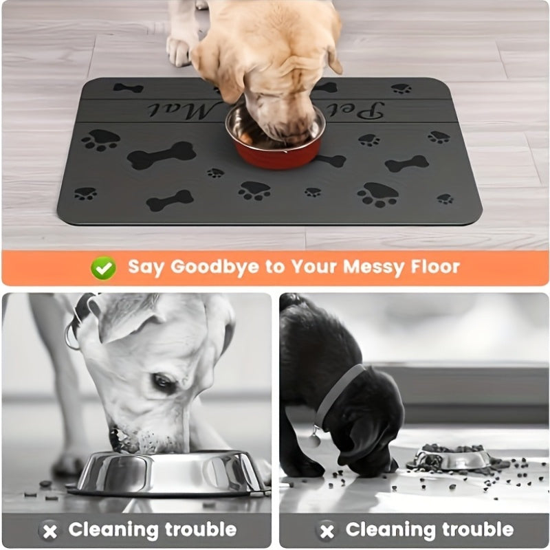 2pcs Quick-Dry & Absorbent Pet Feeding Mats with Non-Slip Rubber Backing - Diatomite Material, Gray with Paw Prints & Bone Design, Ideal for Dog & Cat Food and Water Bowls, Dog Food Mat