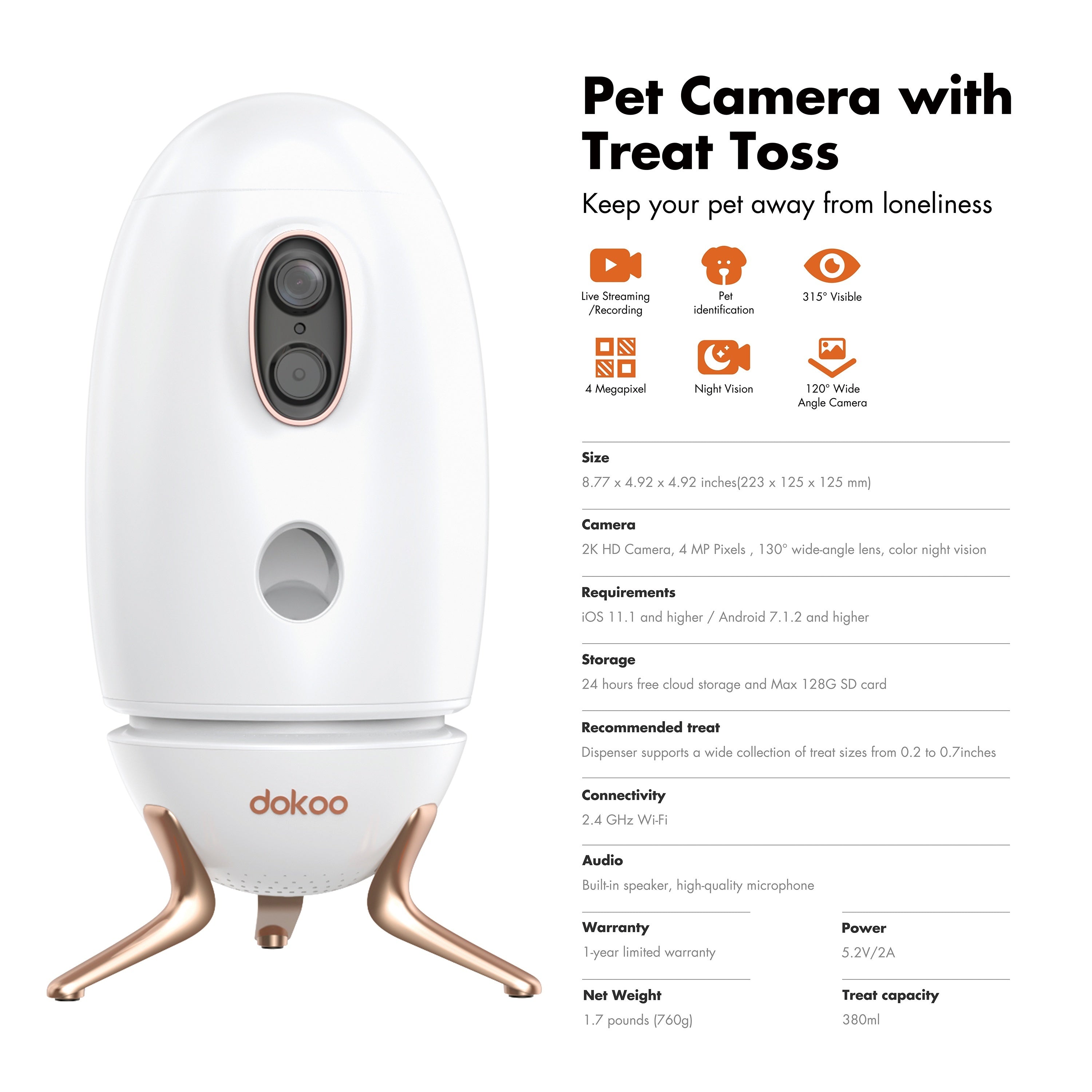 Dokoo Pet Feeder Cat Food Dispenser with Treat Tossing 330° View 2K/4MP QHD Pet Camera 2.4G&5GHz Wifi Pet Feeding InteractiveToys with light