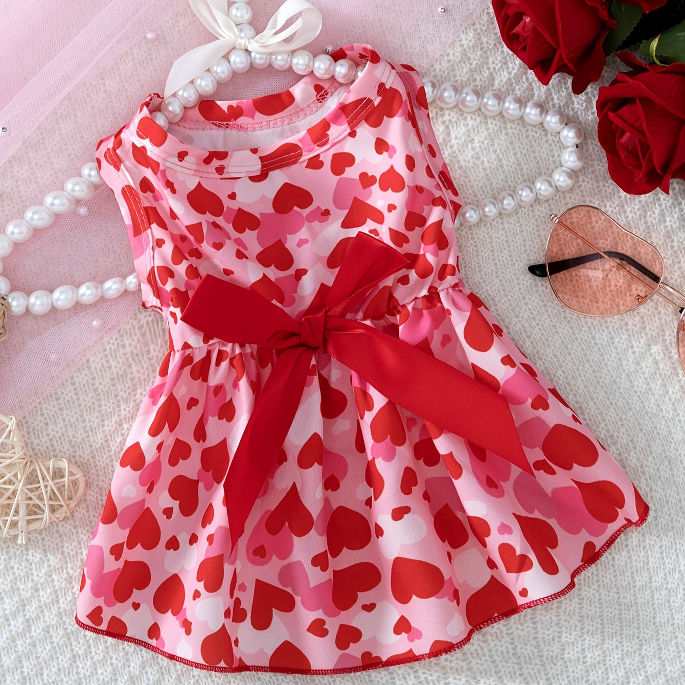 Valentine's Day Pink Heart Pattern Dog Dress with Bow, Cute Pullover Pet Apparel for Small & Mini Breeds, Woven Polyester 95% Spandex 5%, Suitable for Spring, Summer, Fall, Series, Skirt