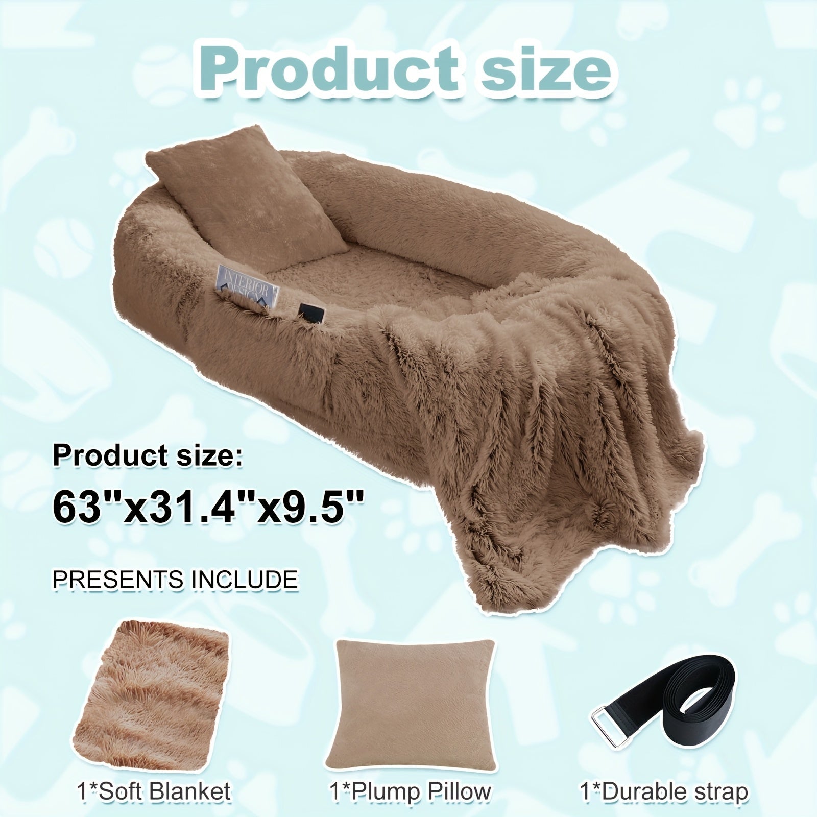 Extra Large Orthopedic Human & Dog Bed with Plush Pillow & Blanket - 71"x45"x12" Washable Faux Fur Pet Couch, Non-Slip Base, Removable Cover - Grey Bed for All Dog Breeds (Small/Medium/Large Dogs) & Cozy Napping Companion for