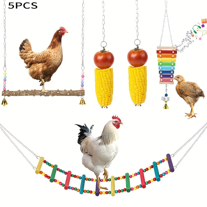 5pcs Chicken Toys for Coop Accessories | Chicken Xylophone | Chicken Swing Perch | Chicken Flexible Ladder | Chicken Vegetable Fruit Hanging Feeders Chicken Enrichment for hens in Coop Bird Parrot