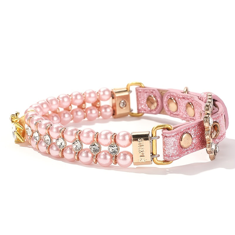 Zhous ABS Material Pearlized Pet Collar, Adjustable Snap-On Collar with Rhinestone Detailing, Beaded Design for Small Dogs and Cats