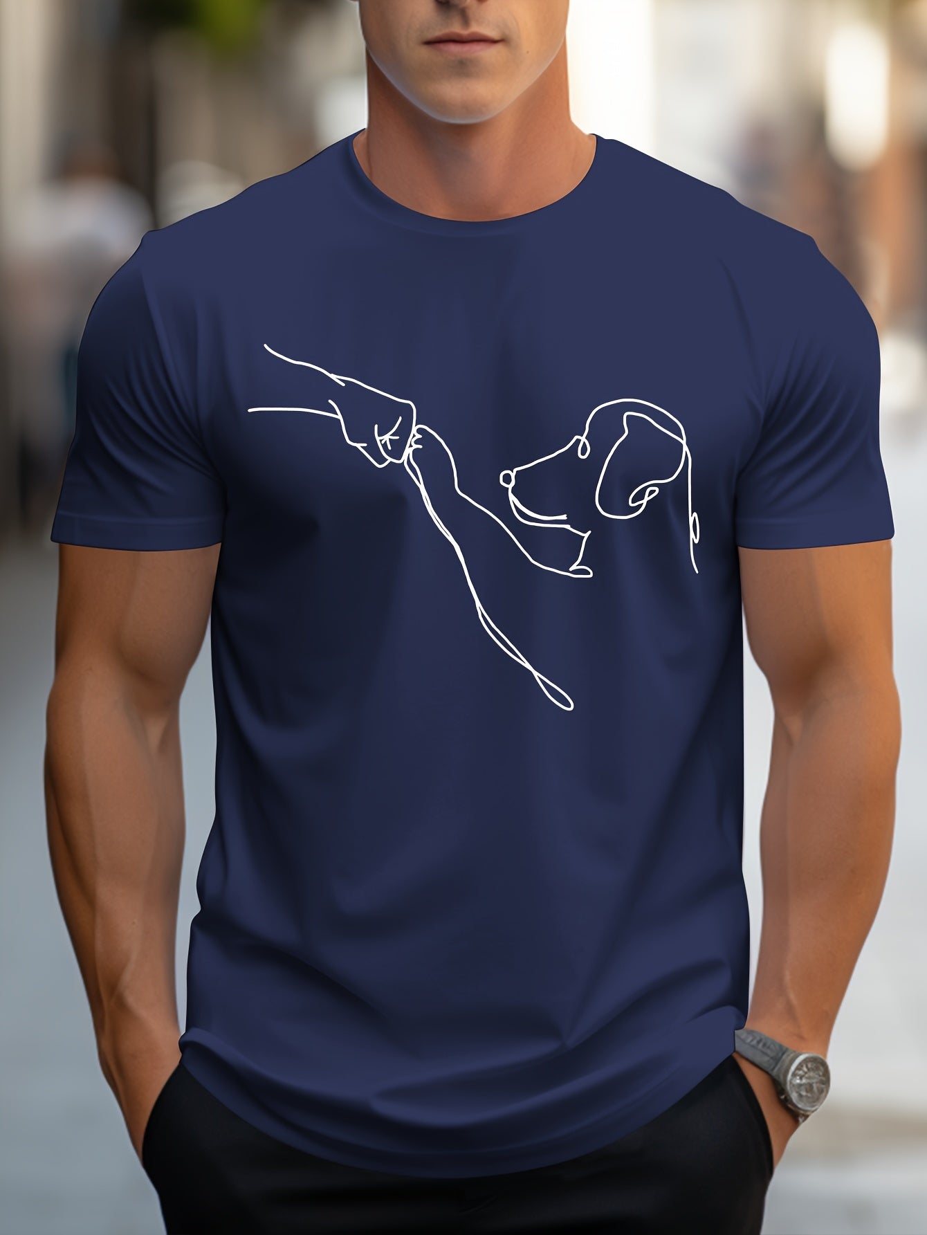 Men's Line Art Dog Print T-Shirt: Poop Scooper Exclusive! Super Cute Hand-Drawn Puppy Sketch, Minimalist Pet Interaction Design – Adorable Paw Print & Leash Graphic Tee