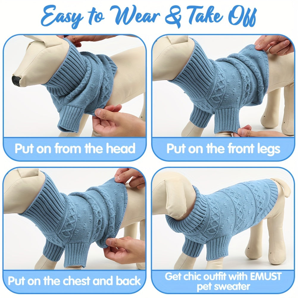 Cozy Light Blue Turtleneck Sweater for Small to Large Dogs - Soft, Warm Knit Pet Apparel with Diamond Pattern - Ideal for All Seasons, Including Winter, Dog Sweater