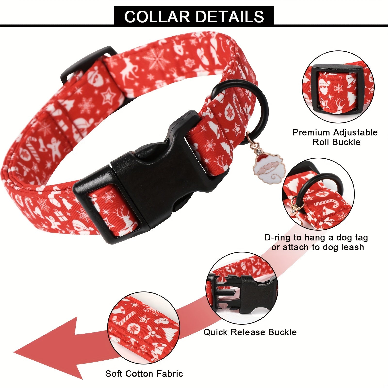 Festive Christmas Dog Collar with Santa & Snowman Prints - Adjustable, Soft Cotton Pet Collar for Small to Large Breeds - Includes D-Ring for Leash Attachment