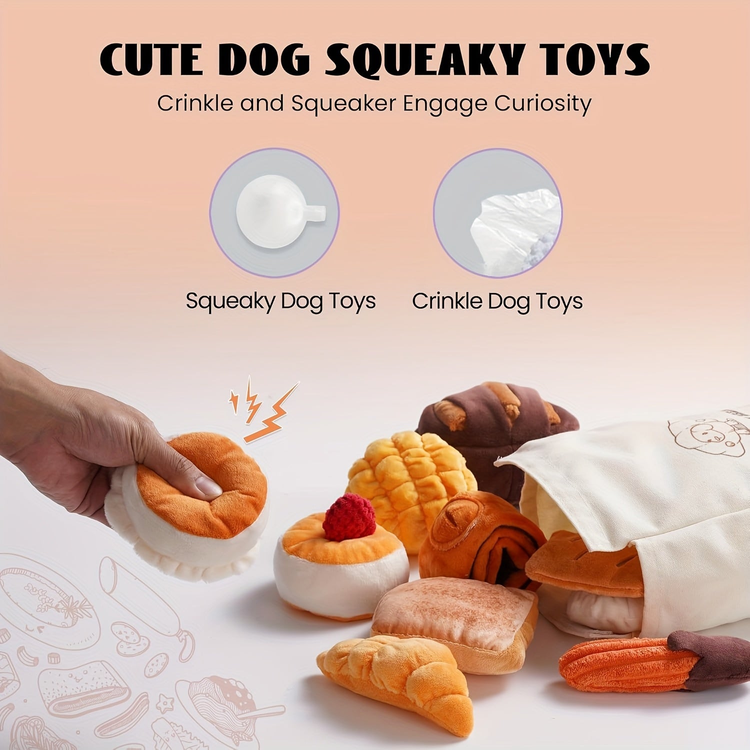 10 Pack Nocciola Bread Dog Toys with Storage Bag - Crinkle Squeaky Plush Chew Toys for Small & Medium Dogs, Durable Puppy Toys with Treat Hiding Pockets, Assorted Bread-Shaped Interactive Dog Accessories, Pet Playtime Accesso