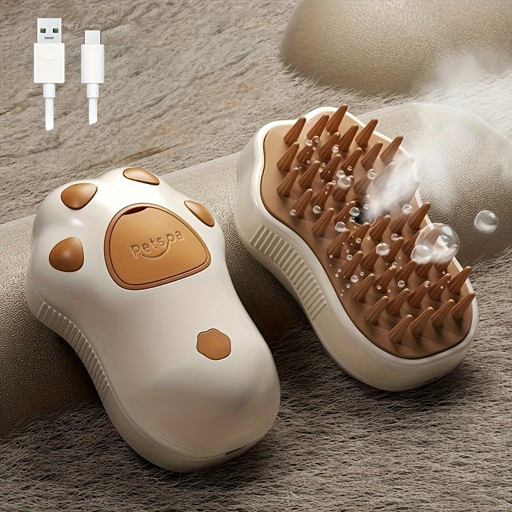 3-in-1 Self-Cleaning Steam Cat Brush - USB Rechargeable Pet Grooming Tool with Comfort Massage, Hair Removal & Nail Trimming Features for Cats and Dogs, Paw-Shaped Silicone Bristles