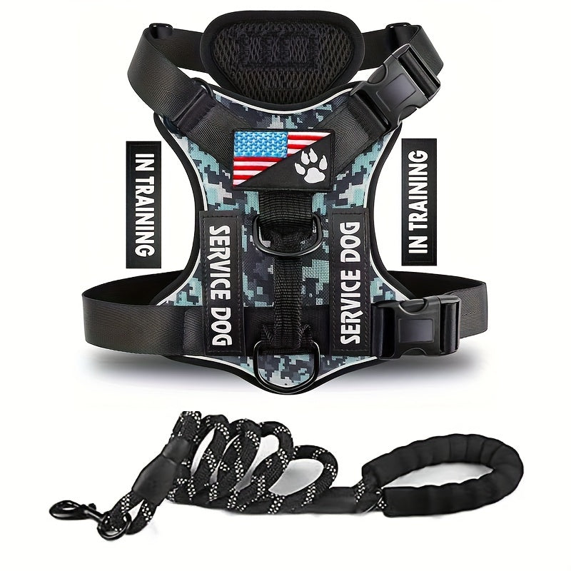 Service Dog Harness, Reflective Dog Vest Harness With 5 PCS Patches, Adjustable Soft Oxford Pet Harness, Inner Layer Mesh, Easy To Control For Small Medium Large Dogs With 59inch Traction Rope