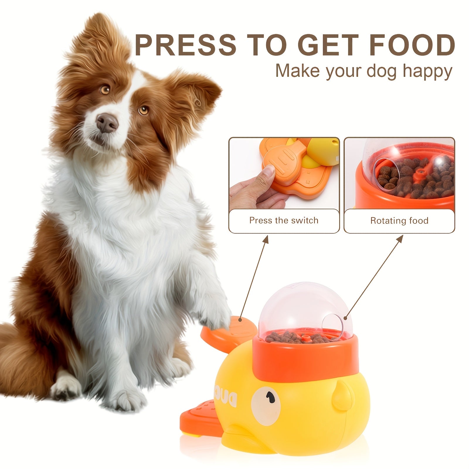 Durable Plastic Yellow Duck Interactive Dog Toy & Automatic Feeder - No Batteries Needed, Push & Pull Pet Feeder with Treat Dispenser for Mental Stimulation & Healthy Eating - Suitable for Small, Medium & Large Dogs, Pet Feed