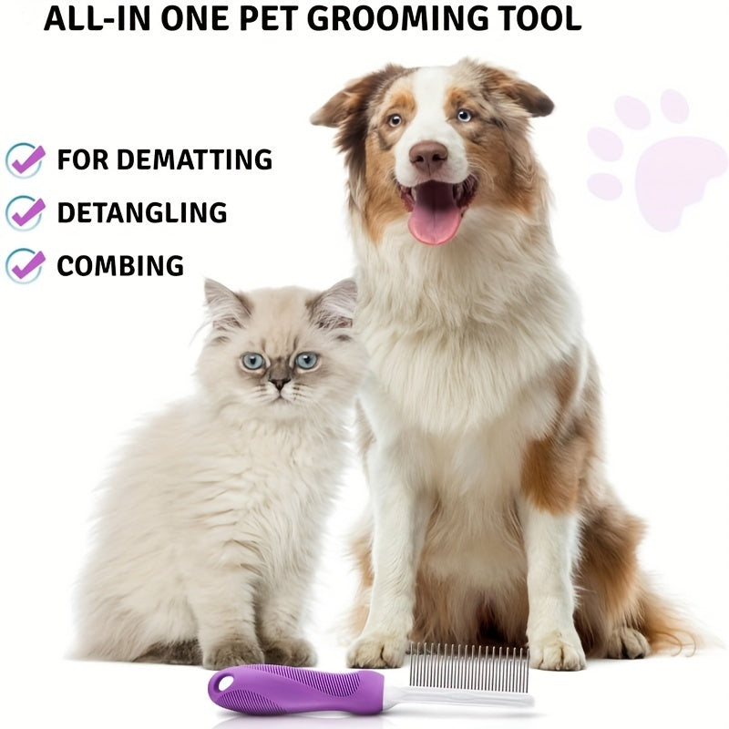 2-in-1 Pet Grooming Comb for Dogs & Cats - Stainless Steel Detangling and Dematting Tool with Long & Short Teeth, Safe Knot Removal for Healthy Coat