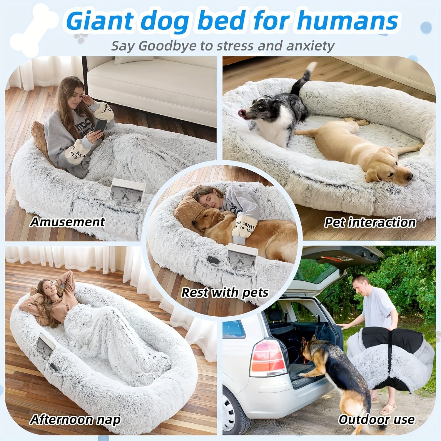 Extra Large Orthopedic Human & Dog Bed with Plush Pillow & Blanket - 71"x45"x12" Washable Faux Fur Pet Couch, Non-Slip Base, Removable Cover - Grey Bed for All Dog Breeds (Small/Medium/Large Dogs) & Cozy Napping Companion for