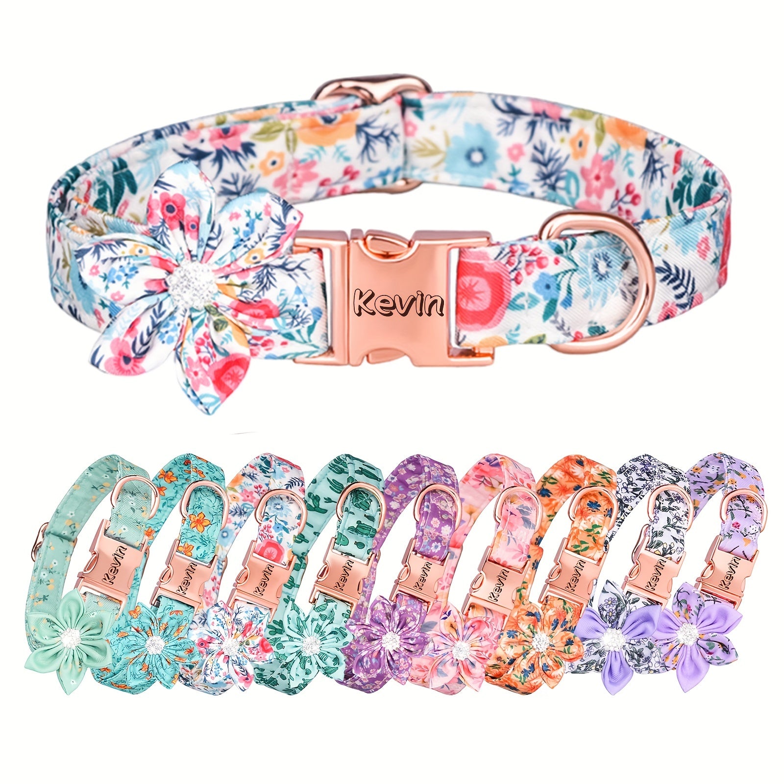 Custom Colorful Rhinestone Flower Dog Collar, Printed Polyester Pet Collar, Engraved Anti-lost Pet Collar, Suitable For Large, Medium And Small Dogs