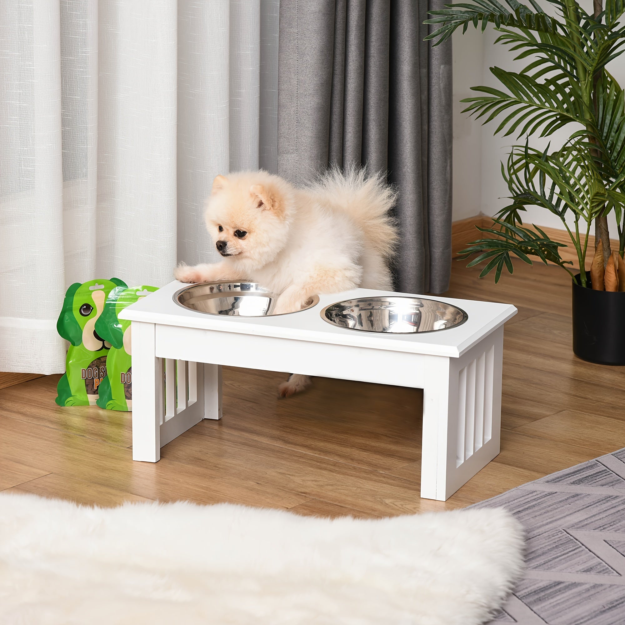 PawHut 6" Height Small Puppy Dog Feeding Station For Messy Pets, Stainless Steel Elevated Dog Bowls With Modern Wooden Frame, Dog Food Stand Pet Feeding Station, White