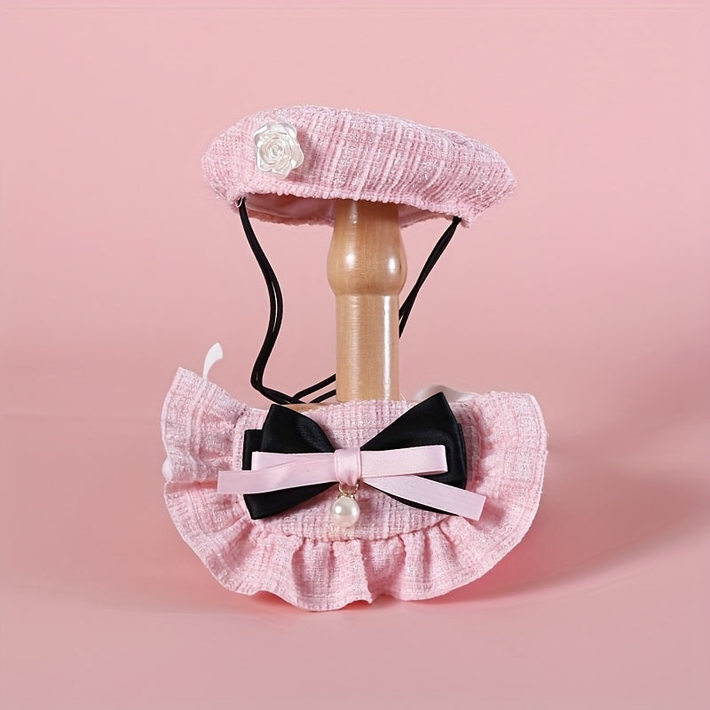 A 2pcs Set of Pet Accessories, Including One Pet Beret And One Floral Bow Tie Bib, Suitable for Cats And Small Dog Breeds Like Teddy And Pomeranian, Without Battery