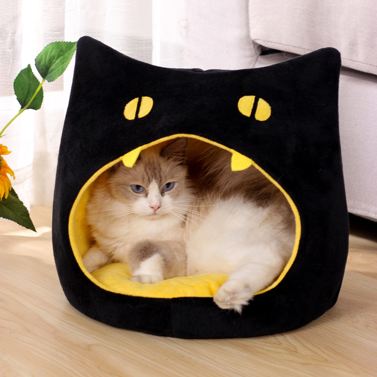 Whimsical Plush Black Cat Pet Bed - Soft, Furry, and Cozy Design for Ultimate Feline Comfort, Relaxation, and Sleep - Perfect for Your Adorable Feline Friend's Happy Moments