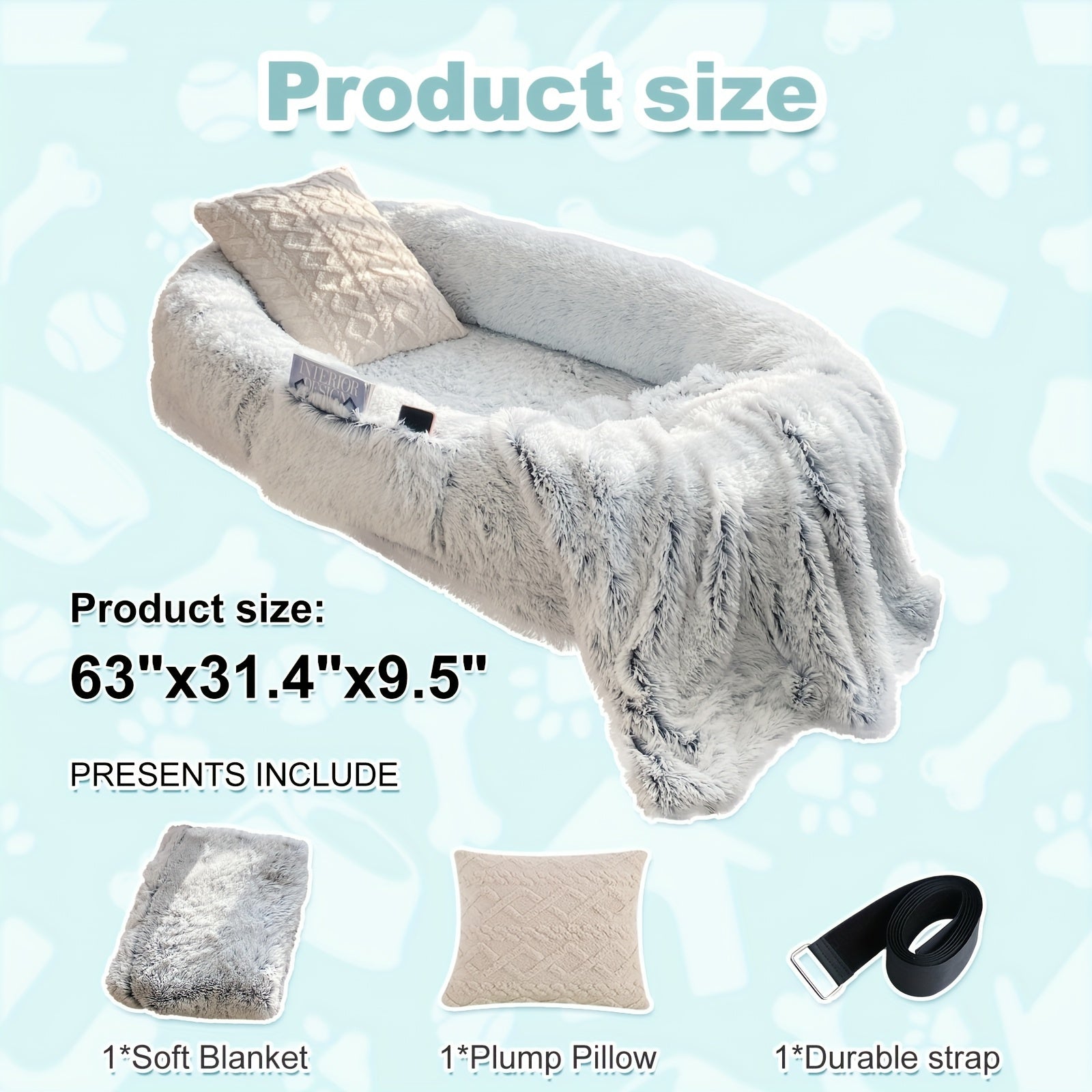 Extra Large Orthopedic Human & Dog Bed with Plush Pillow & Blanket - 71"x45"x12" Washable Faux Fur Pet Couch, Non-Slip Base, Removable Cover - Grey Bed for All Dog Breeds (Small/Medium/Large Dogs) & Cozy Napping Companion for