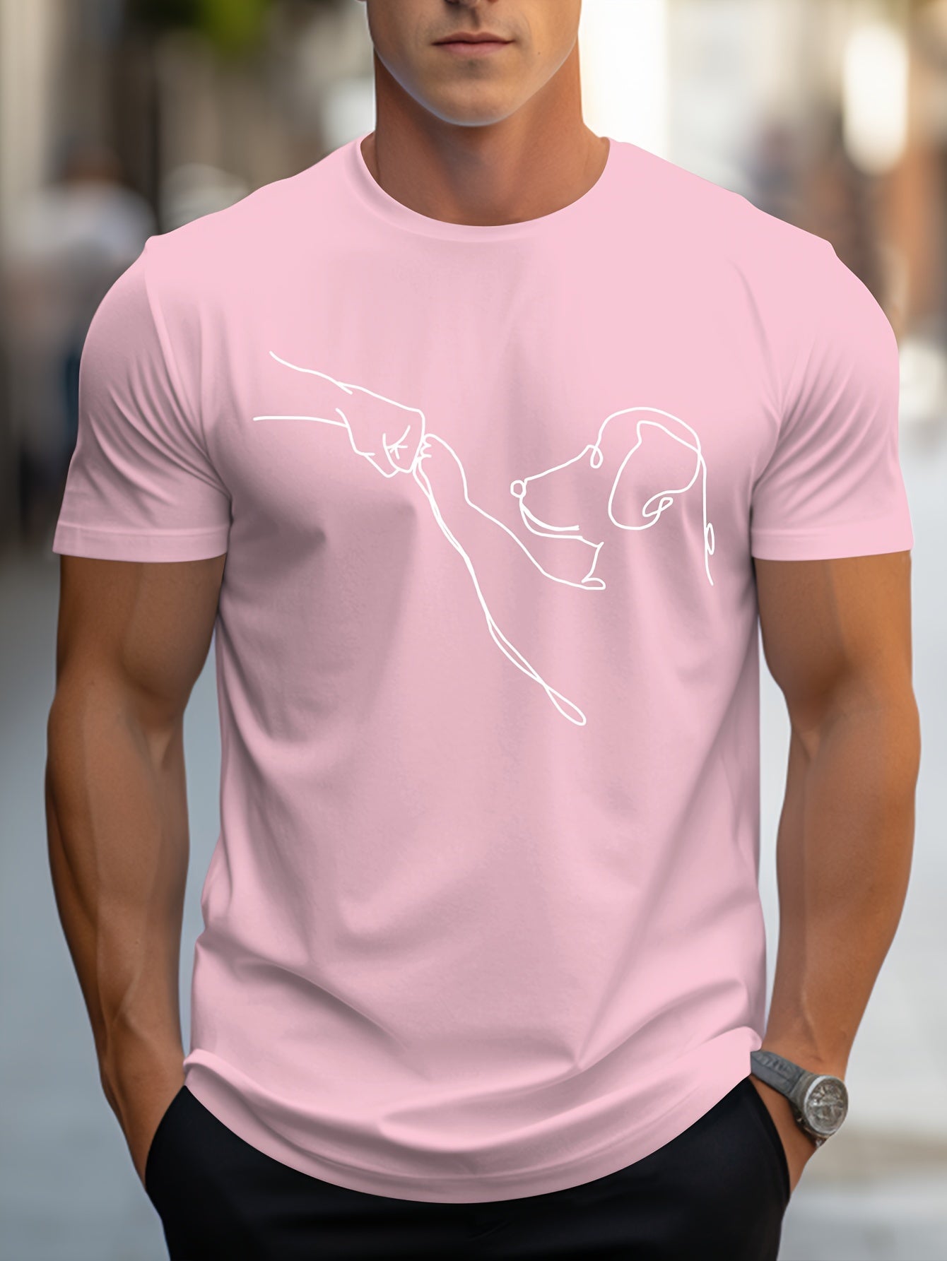 Men's Line Art Dog Print T-Shirt: Poop Scooper Exclusive! Super Cute Hand-Drawn Puppy Sketch, Minimalist Pet Interaction Design – Adorable Paw Print & Leash Graphic Tee