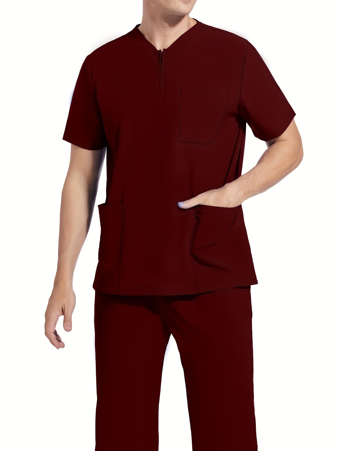 Men's Short Sleeve Summer Work Wear Set, Lab Coat, Pet Grooming Uniform, Breathable V-neck Top With Pockets And Long Pants Outfit