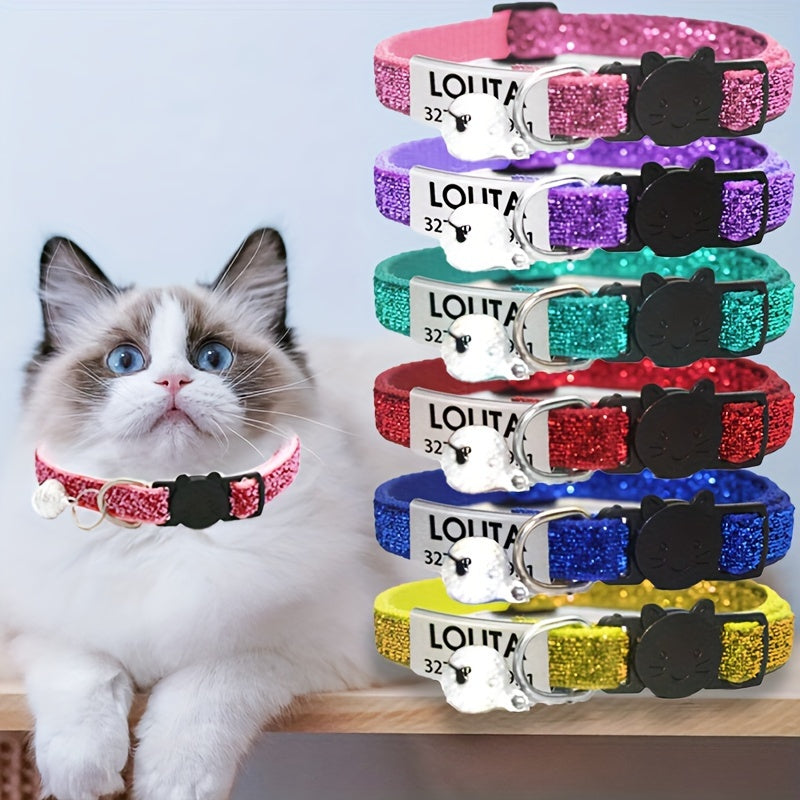 Personalized Bling Cat Collar With Nameplate, Glitter Cat Collar With ID Tag Pendant And Bell, Cute Customized Pet Collar ID Name Pendant Tags For Kittens And Puppy Dogs, Engraved Cat Decoration