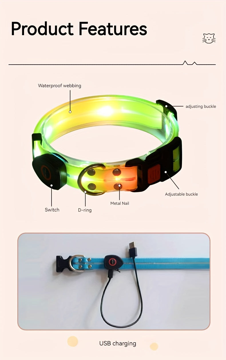 LED Dog Light Up Collar Leash Set, Adjustable Pet Collar, Usb Rechargeable Night Colorful Light Visibility 100+m/328+ft Pet Leash
