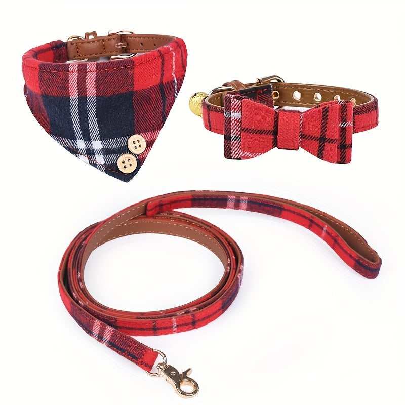 Plaid Leather Dog Collar Set with Bandana and Bowtie, Adjustable Pet Collar with Leash and Bell for Small to Medium Dogs and Cats, Machine Washable