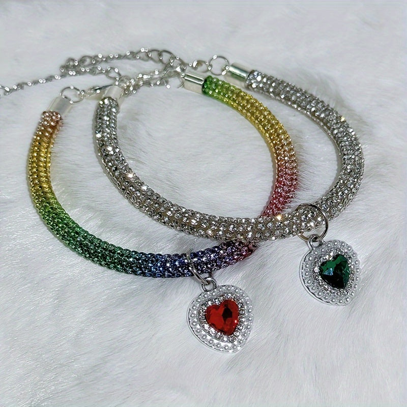 Sparkling Heart-Shaped Pearl Pendant Pet Collar - Adjustable, Rhinestone Accents for Cats & Dogs - Fashionable Valentine's Day Accessory