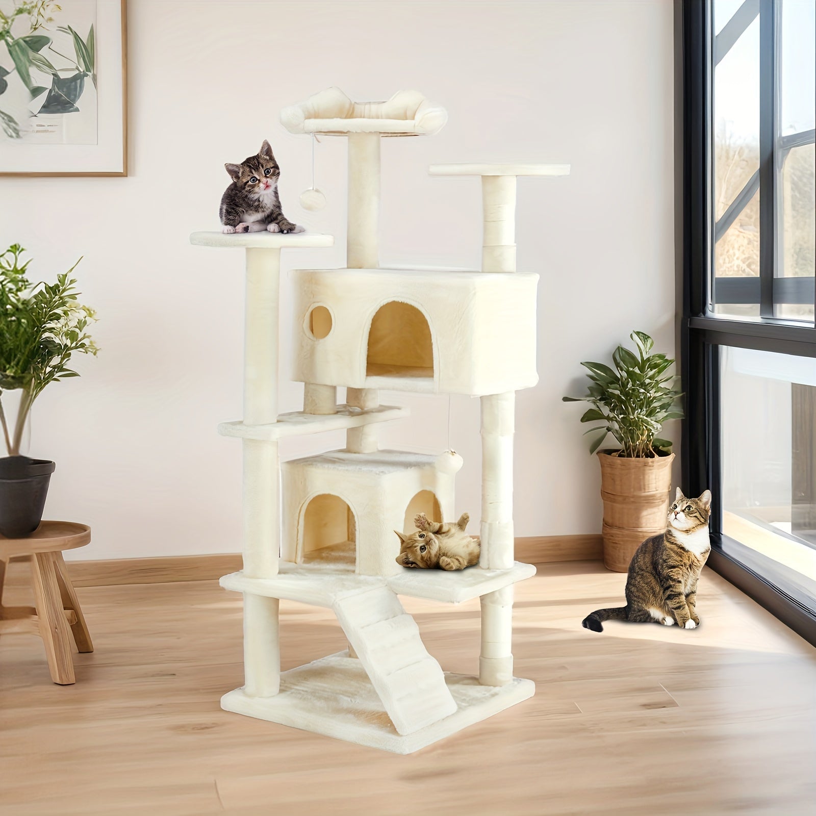 54in Cat Tree Tower for Indoor Cats, Multi-Level Pet Furniture, Kitty Play House with Sisal Scratching Post, Large Condo, Climbing Ladder, Plush Toy for Kitten, Beige and Gray