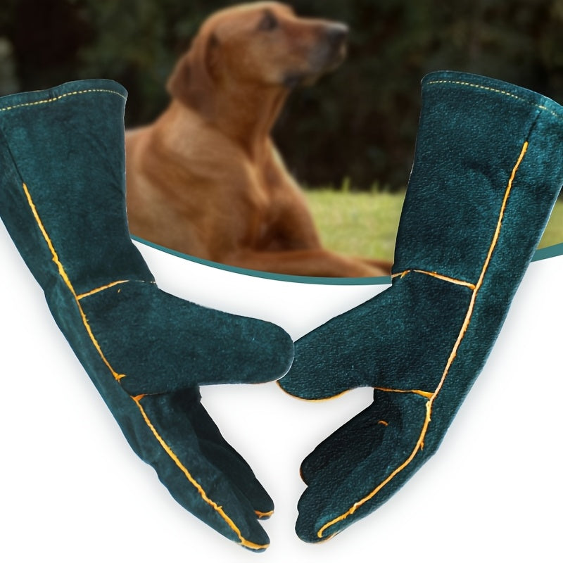 Premium Pet Grooming Gloves - Comfortable, Bite & Scratch Resistant | Ideal for Dogs & Cats, Green with Yellow Stitching