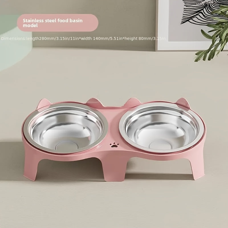 Stainless Steel -Tipping Double-Bowl Cat & Dog Food Feeder - Large Capacity Spill-Proof Design with 15° Slant Mouth & -Skid Base, Detachable Washable Durable Plastic-Like Edges, Ideal for Multi-Cat Households (Easy-Clean Pet